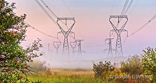 Transmission Towers In Sunrise Ground Fog_45951-3.jpg - Photographed near Smiths Falls, Ontario, Canada.